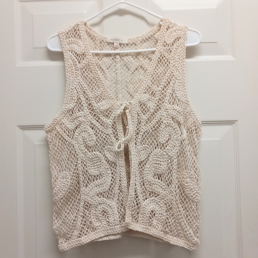 Boho Crochet Open Knit Vest Top Festival Hippie Indie Tie Front Medium Cream